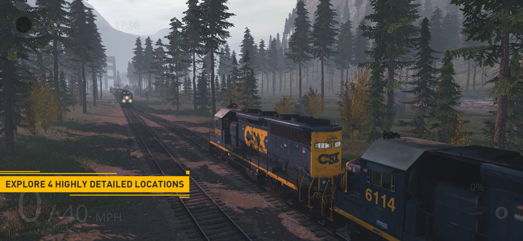 CSX locomotives traveling through a detailed forest location in Trainz Simulator 3.