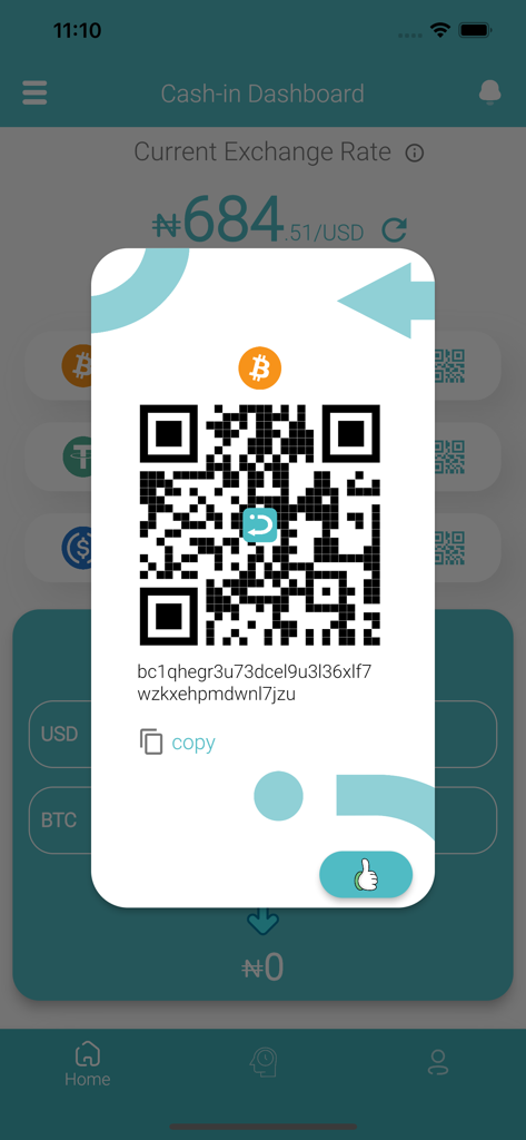 Cash-in: Crypto to naira app - Pop-up showing a Bitcoin QR code and wallet address for crypto to Naira conversion in the Cash-in app.