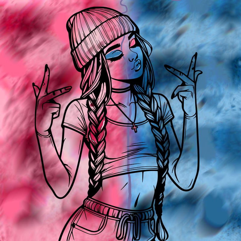 realistic teenage girl with braids and a beanie and crop top doing 🫶🏼