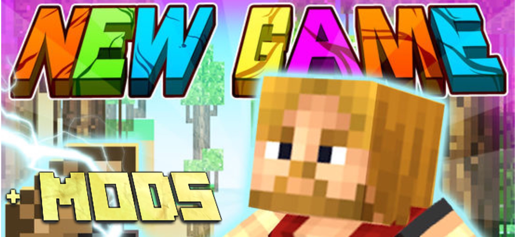 Mods for Minecraft Game App PE - Ein lebhaftes Werbebanner für Minecraft PE Mods mit einem blockigen Charakterkopf und farbigem Text, auf dem steht New Game und Mods.
