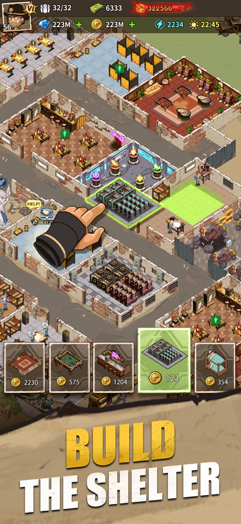 A player constructing a room inside their base in the Survivors Squad mobile game.