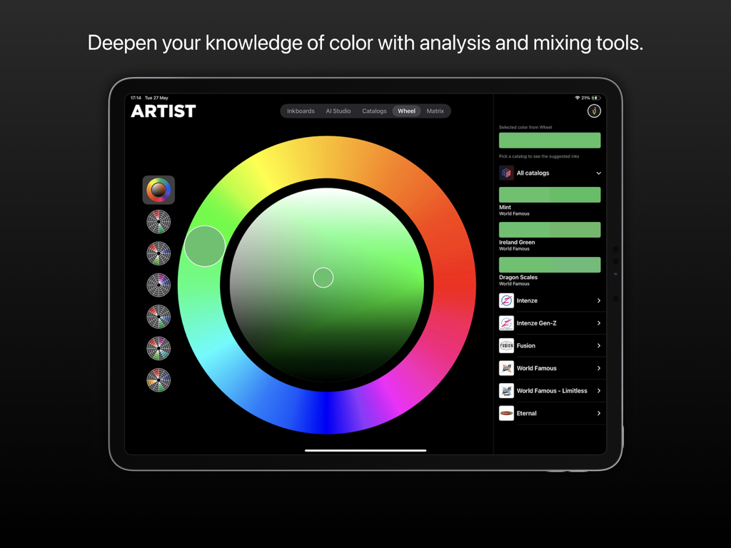 Inksquad Artist 앱 인터페이스가 타투 잉크 색조 및 카탈로그 매칭을 위한 디지털 색상환을 보여줍니다.