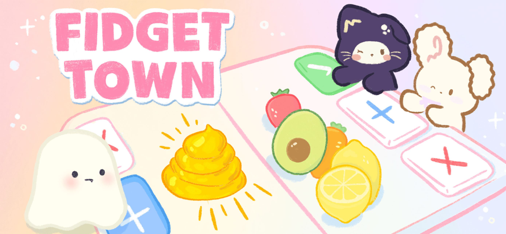Fidget Town - Fidget trading - Fidget Town game banner showing cute characters trading fruit and fidget toys