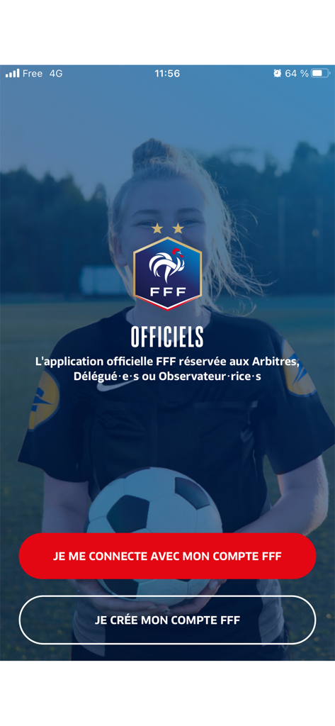 Pantalla de inicio de sesión de la app Officiels FFF para oficiales de fútbol