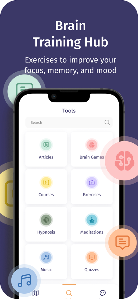 Brain Fit Life app interface showing brain training tools and exercises for mental health