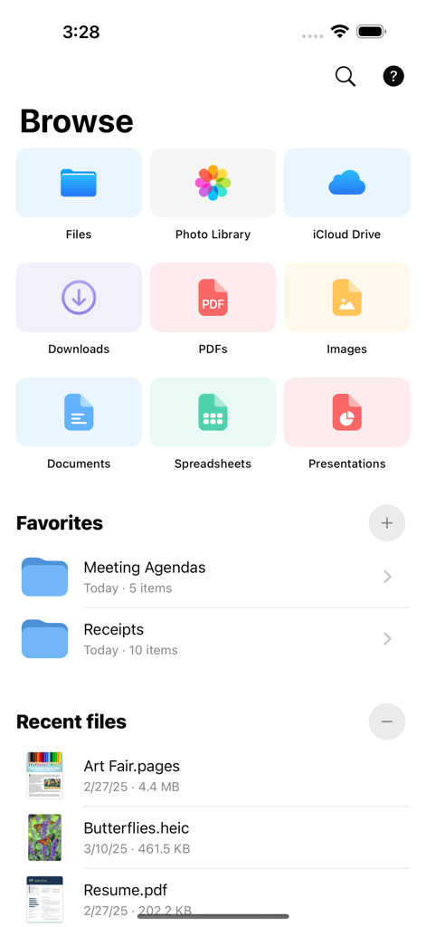 File Viewer dashboard displaying categories like PDFs and images with favorite folders and recent files.