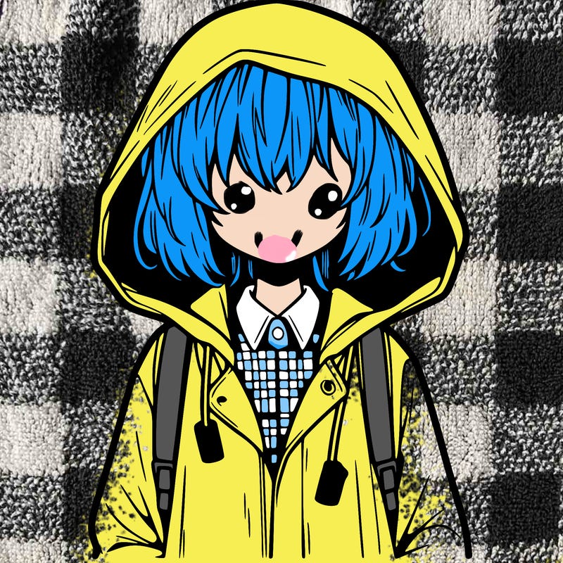 little anime girl in a raincoat her hair is covering her eyes she has a lighter