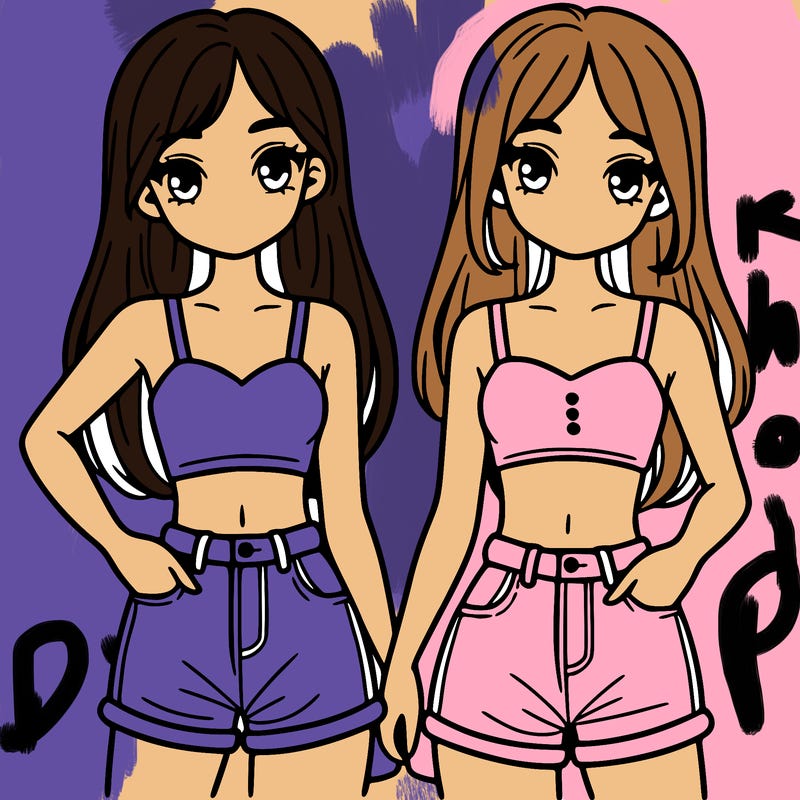 two sisters with crop tops and jean shorts and straight hair