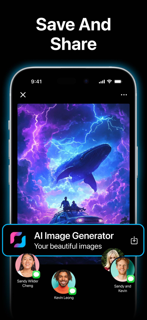 Pix AI Image Generator - Uma interface de aplicativo móvel do Pix AI mostrando uma imagem gerada por IA de uma baleia voadora com opções para salvar e compartilhar com amigos.