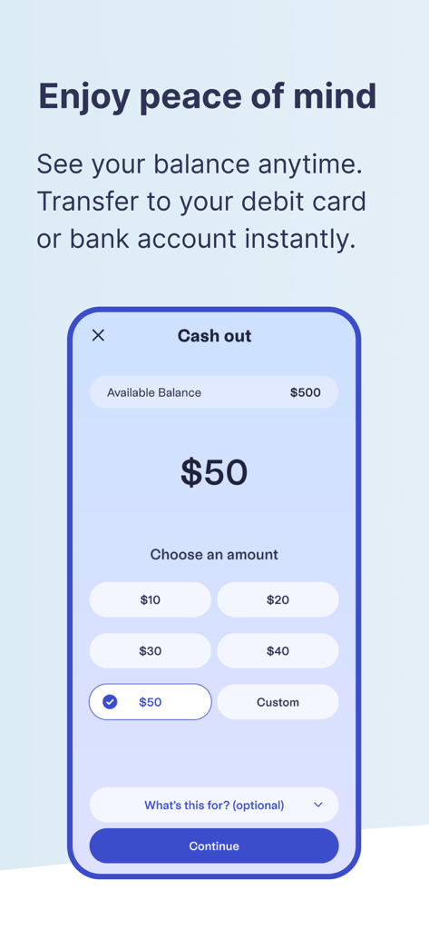 Rain Instant Pay app screen showing a user selecting fifty dollars to cash out from their available balance