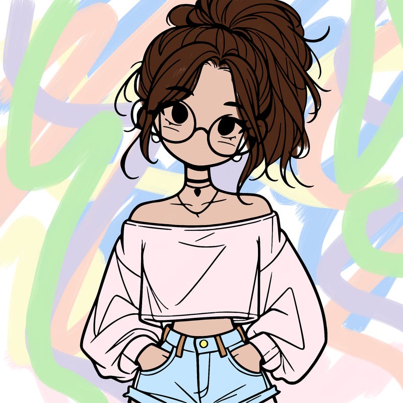 girl with a messy ponytail glasses a baggy crop top and jean shorts