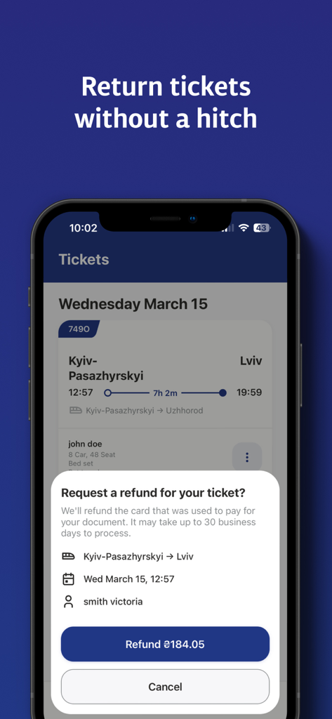 Ukrainian Railways app interface showing a train ticket refund request screen