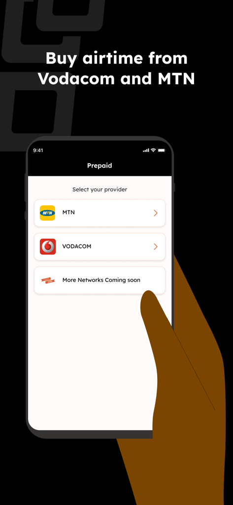 Mobile screen showing options to buy prepaid airtime from MTN and Vodacom