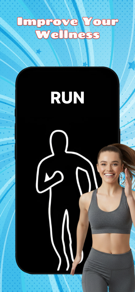 デジタルウェルネスのためのランニングウォームアップアクティビティを表示するモバイル画面の横にいるアスレチックウェアの女性