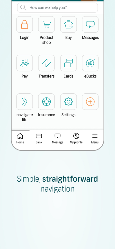 FNB Banking App - FNB Banking App home screen showing simple navigation with icons for pay, transfers, and cards