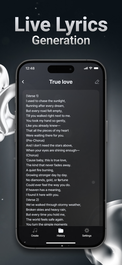 Riffusion: AI Music Generator - Interface do aplicativo Riffusion exibindo letras de música geradas por IA ao vivo para uma faixa intitulada True Love