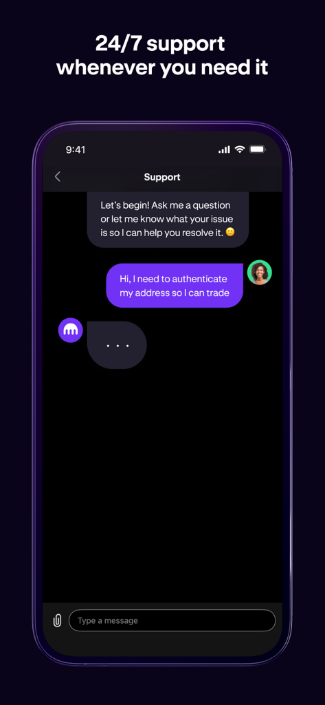 Interface de l'application Kraken montrant le chat de support client 24h/24 et 7j/7