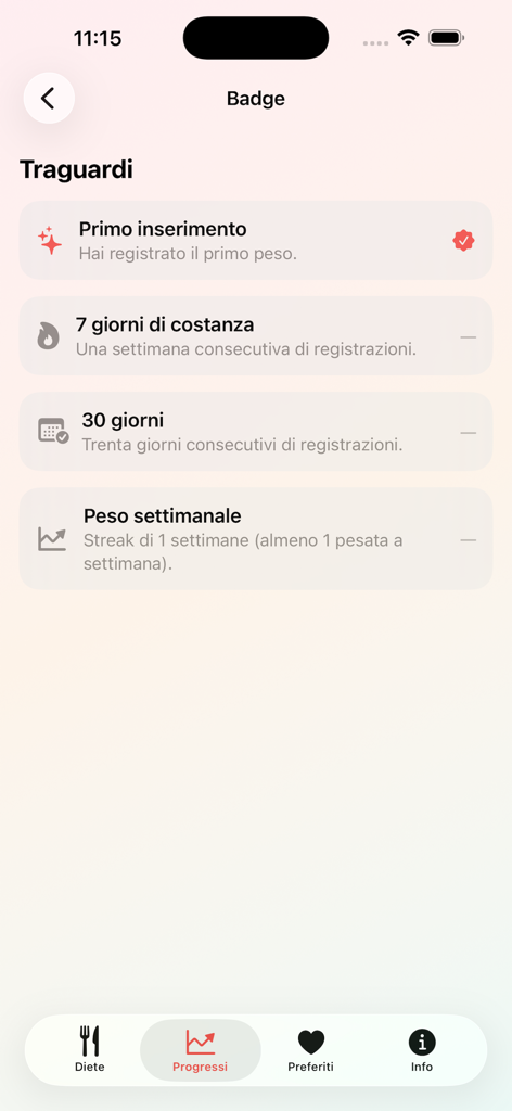 Dieta - Segreti Per Dimagrire - Screenshot of the Dieta app achievement screen showing weight tracking milestones and consistency badges