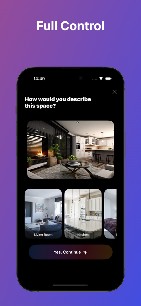 Ai Decorator - Design Snap - AI interior design app interface for selecting room types like living room or kitchen