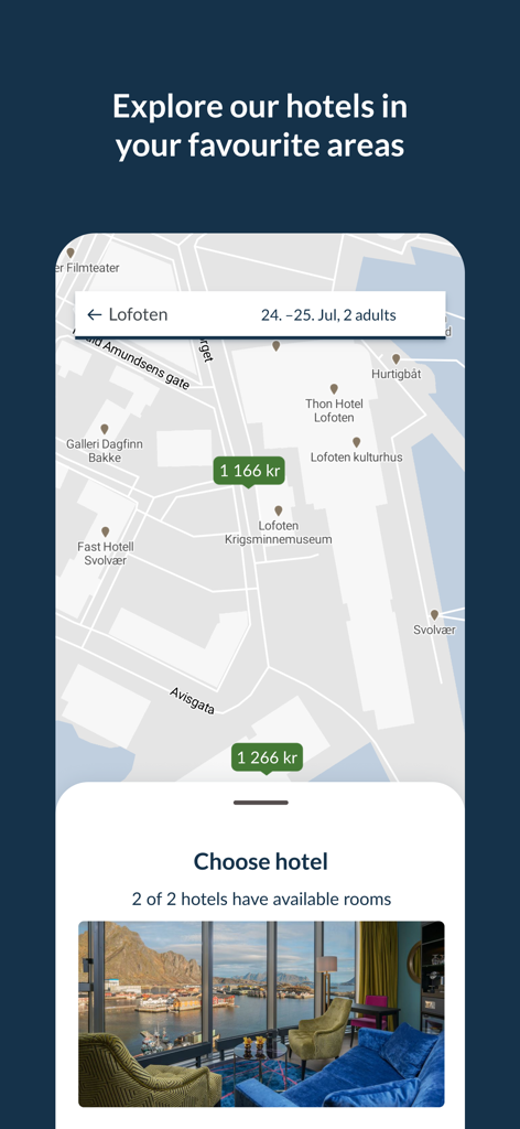 Thon Hotels - Map interface of the Thon Hotels app showing hotel locations and room prices in Lofoten