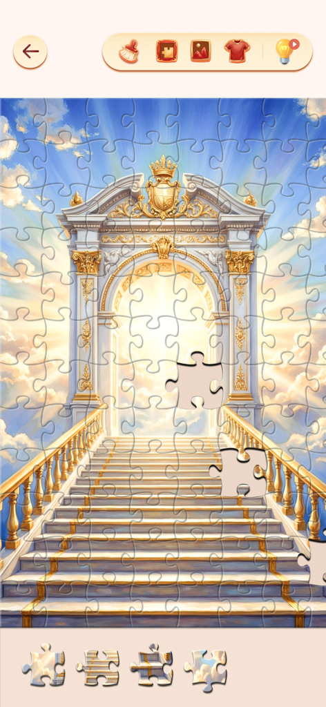 Bible Jigsaw Puzzles - Un puzle de jigsaw digital parcialmente completado de puertas doradas y una gran escalera que conduce a un cielo celestial brillante