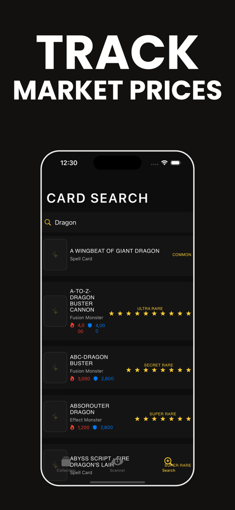 Card Value Scanner: YugiDex - A search interface in the YugiDex app showing a list of Yu-Gi-Oh dragon cards with their rarity and type information.