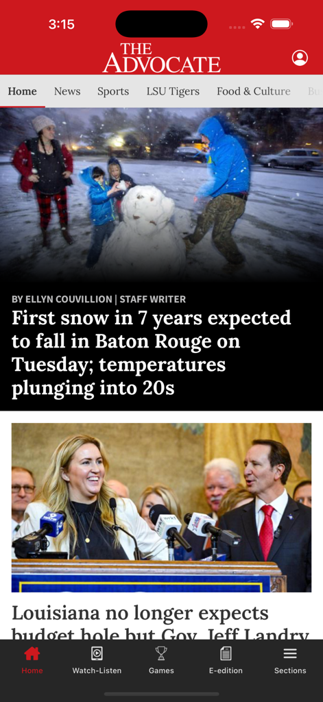 The Advocate - The Advocate mobile app home screen featuring local Louisiana news headlines and sports navigation