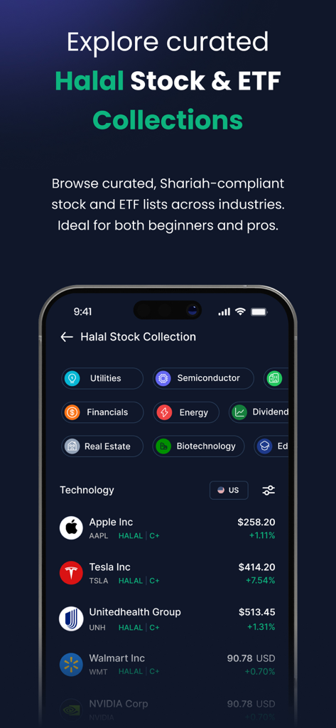 Musaffa: Halal Investing - Interface de l'application Musaffa présentant des collections sélectionnées d'actions et d'ETF conformes à la Charia pour les investisseurs.