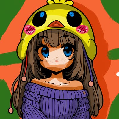 anime girl with chick shaped hat with sweater with bare shoulders with bangs covering them one eye with low tail