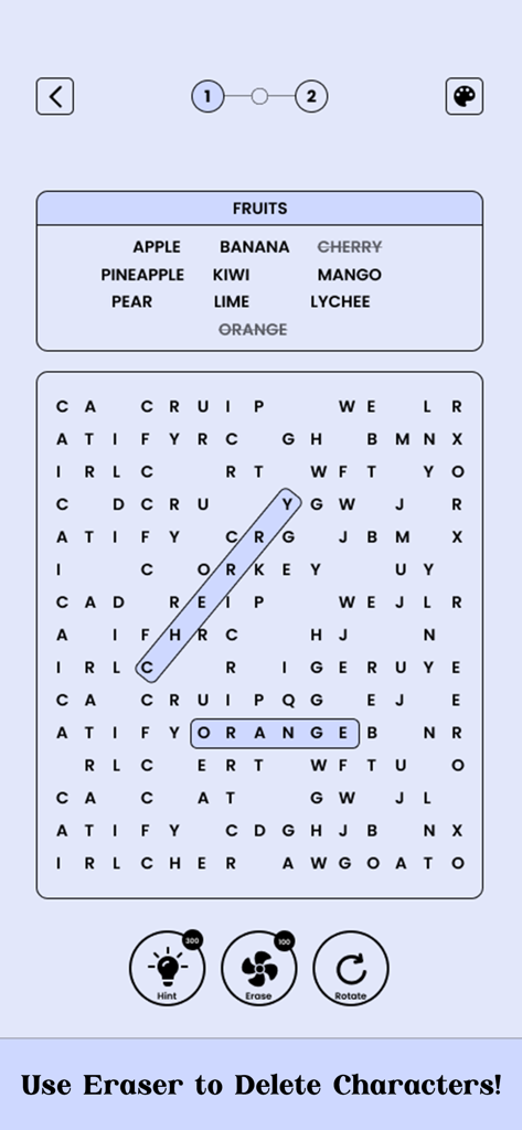 Word Search - Super Hard - Captura de pantalla del juego de Word Search Super Hard mostrando un puzle temático de frutas y la instrucción de la función de borrador.
