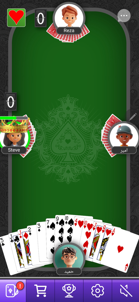 Hokm Online - حکم آنلاین - A gameplay screenshot of the Hokm Online card game showing four players at a virtual green table with a hand of cards at the bottom.