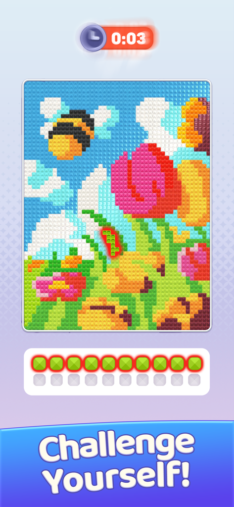 A diamond art puzzle featuring flowers and a bee with gem sorting slots and a timer