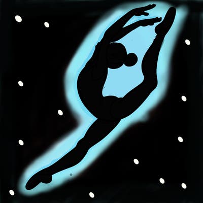 gymnast doing a leap in a leotard with a bent back leg