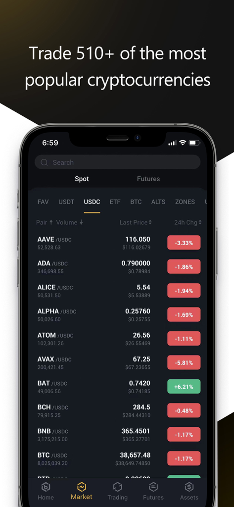 Bitrue - Buy BTC XRP & Crypto - Bitrue mobile app interface showing a list of over 510 cryptocurrency trading pairs and real-time market prices