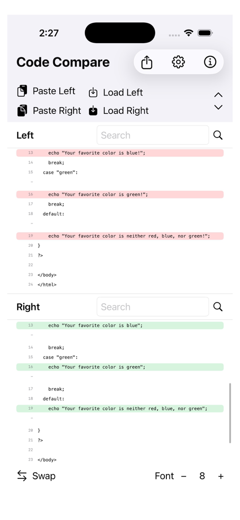 CodeDiff+ - Interface de l'application mobile CodeDiff plus montrant une comparaison côte à côte d'extraits de code avec des surlignages rouges et verts pour les différences