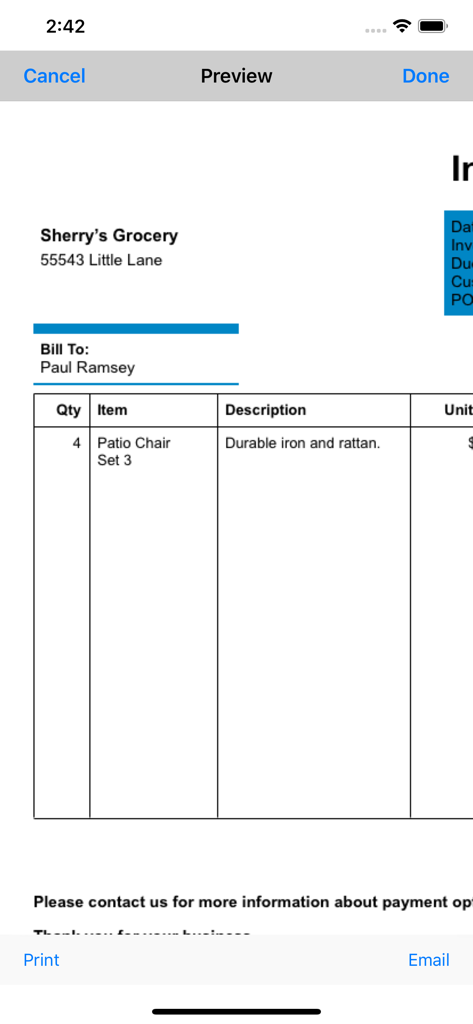A preview of a professional invoice within the Express Invoice Pro 2022 app showing itemized details and options to print or email.