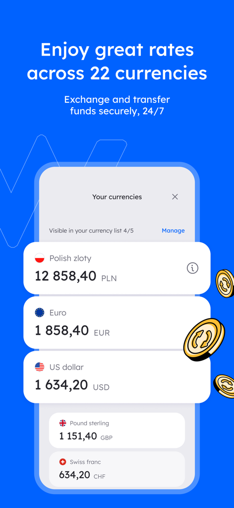 Walutomat app interface showing multiple currency balances like PLN, EUR and USD.
