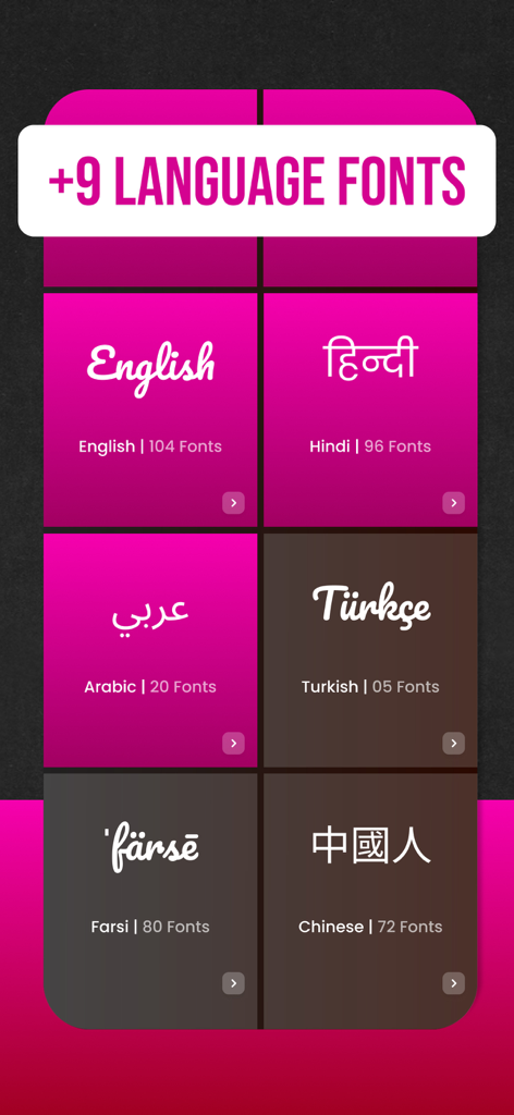 Storyfont - Fonts Story for IG - A mobile app interface displaying a grid of different language font options including English, Hindi, Arabic, Turkish, Farsi, and Chinese for Instagram stories.