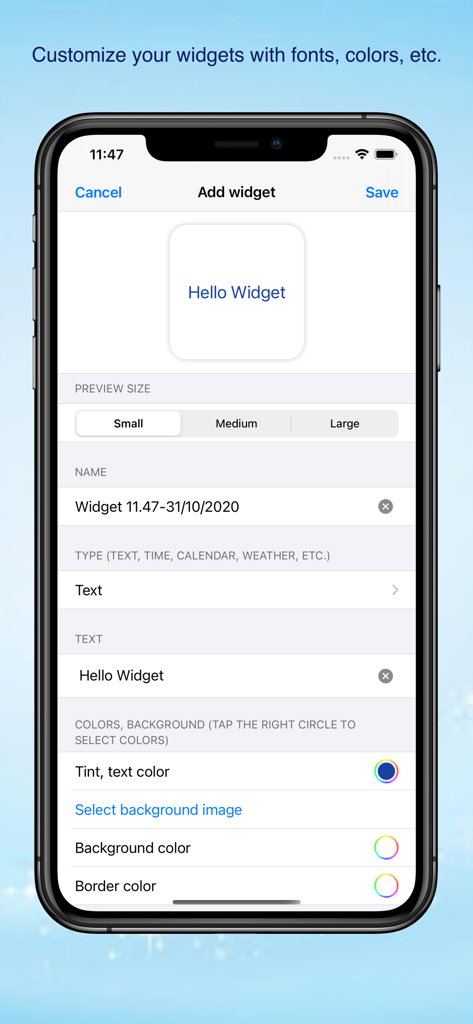 Widget Toolbox: 1000+ widgets - Interfaz para personalizar widgets de la pantalla de inicio con opciones de color de texto y fondo en la aplicación Widget Toolbox