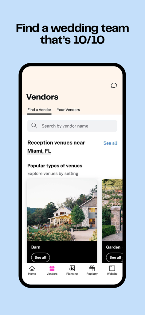 Bildschirm der The Knot App zur Suche nach Hochzeitsanbietern und lokalen Empfangslocations.