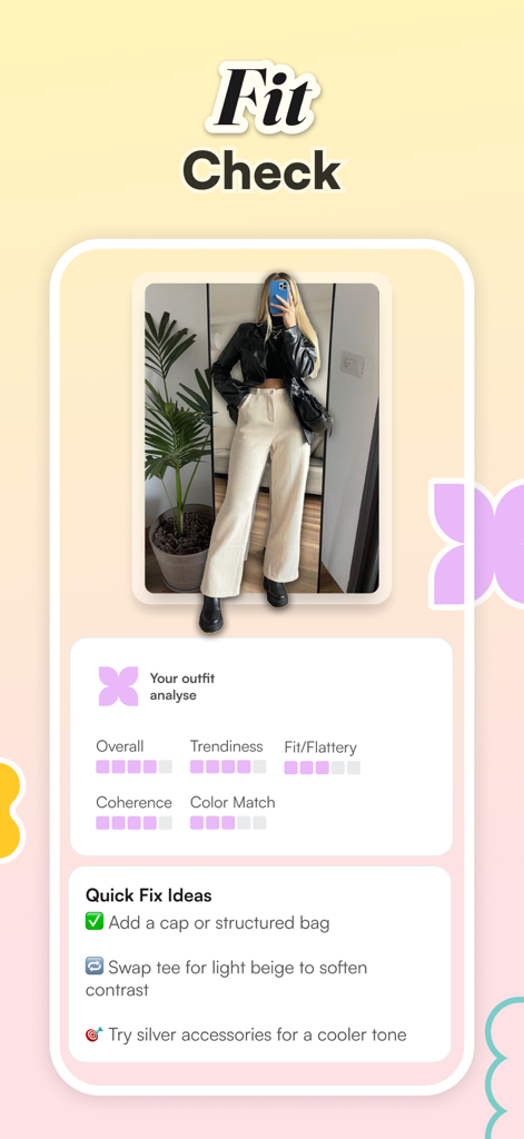 Color Analysis: WhatColors - Fit Check feature in WhatColors app showing AI-powered outfit analysis and styling recommendations