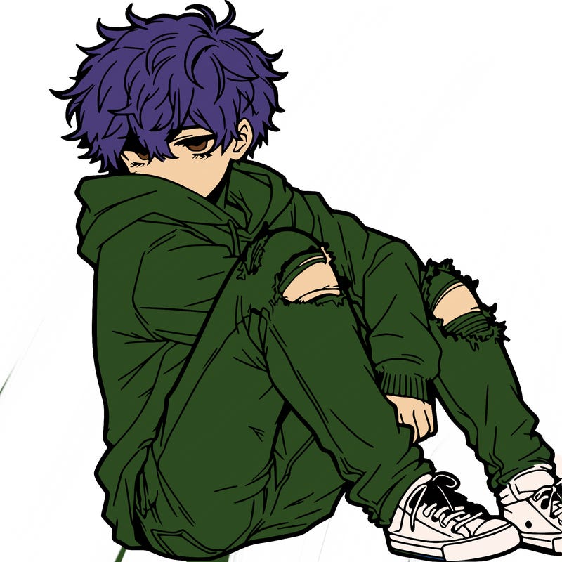 a male hoddie ripped jeans messy hair anime