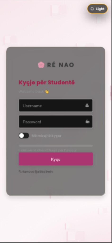 사용자 이름 및 비밀번호 필드가 있는 Ré nao Platform 앱의 학생 로그인 화면