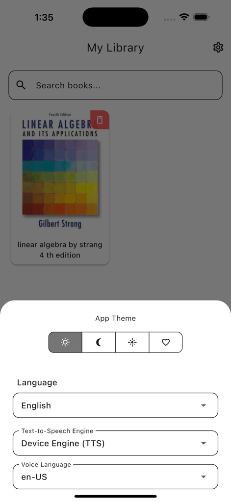 PDF Voice Reader TTS Audiobook - PDF Voice Reader library screen showing a book cover and settings for app theme language and text to speech engine