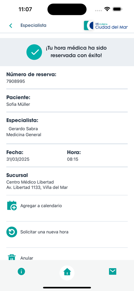 Clínica Ciudad del Mar - Pantalla de confirmación de reserva de cita médica para Clinica Ciudad del Mar