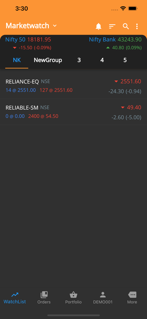 Emkay Blitz - Marketwatch interface of the Emkay Blitz trading app displaying real time Nifty 50 and Nifty Bank indices