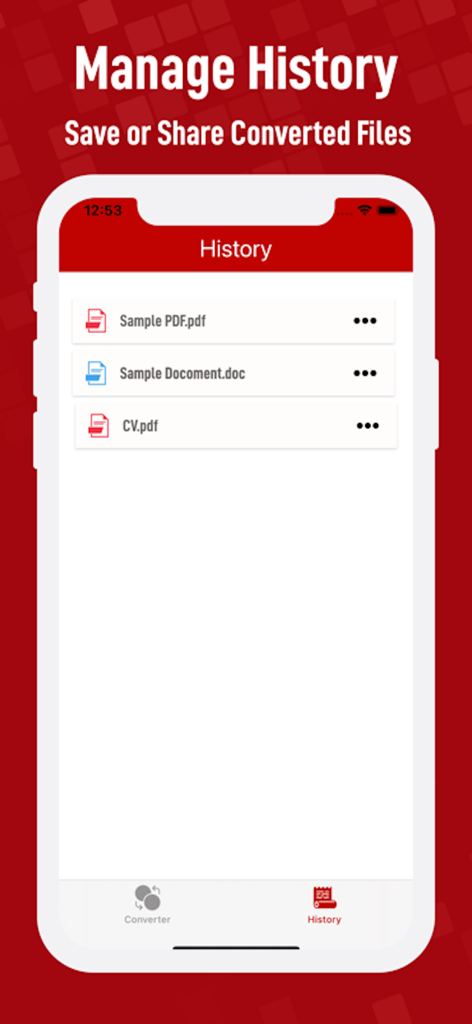 PDF Converter -‎‎ Pdf to Word - A mobile app interface showing a list of converted files in the history section for easy saving and sharing