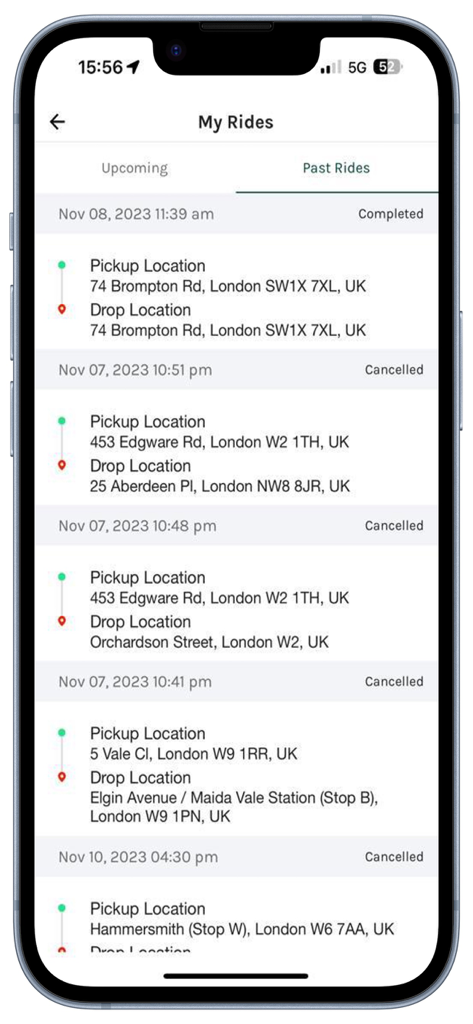 Taxiapp UK: London Black Cab - A smartphone screen displaying the My Rides section of the Taxiapp UK app showing a list of past completed and cancelled black cab trips in London