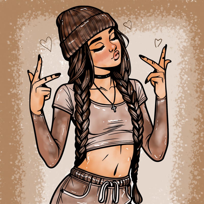 realistic teenage girl with braids and a beanie and crop top doing 🫶🏼