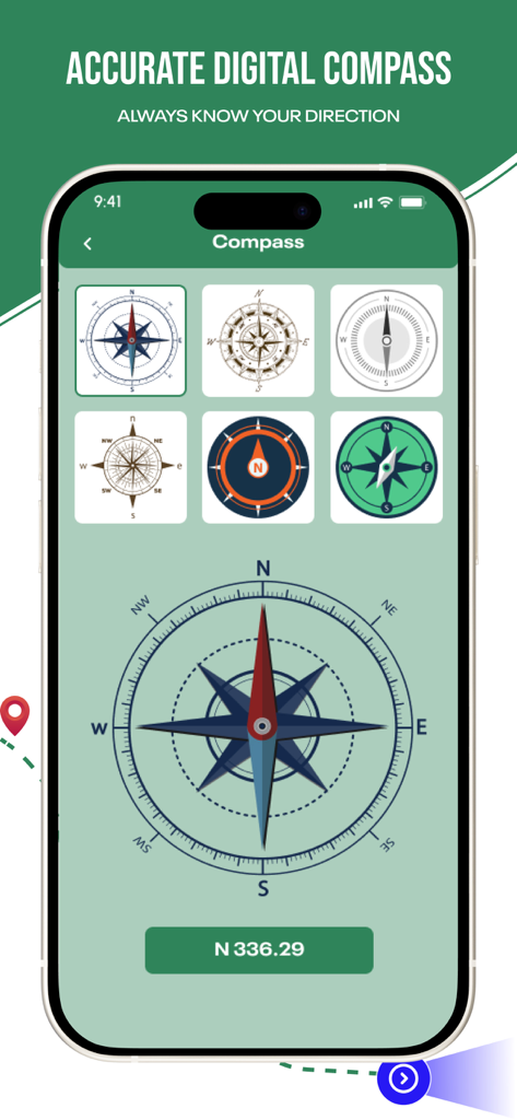 Earth Maps 3D: Live Satellite - Digital compass interface in Earth Maps 3D app showing multiple compass dial styles and directional tools.